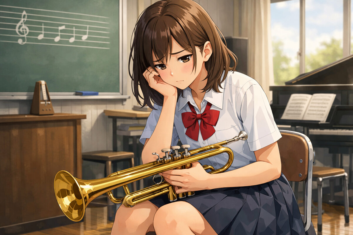 トランペットを持って悩む少女